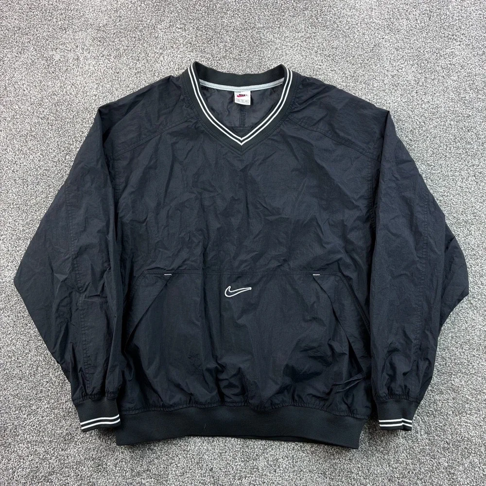 Vintage Nike Windbreaker Jacket Mens XL Black Nylon V-Neck Pullover Swoosh 90s